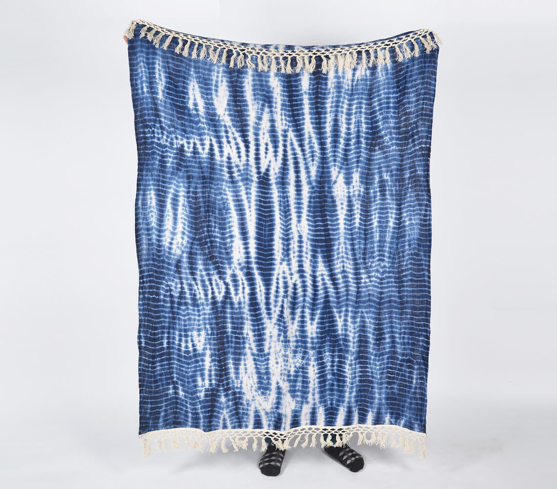 Shibori Tie-and-Dye Indigo Cotton Throw with Tassels-1