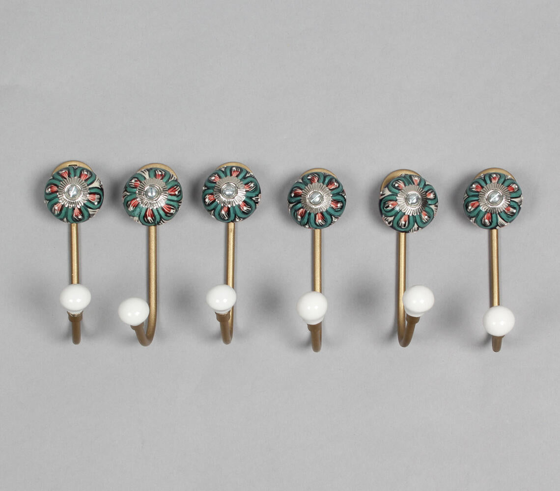 Ceramic Floral & Gold-Toned Iron Hooks (Set of 6)-0