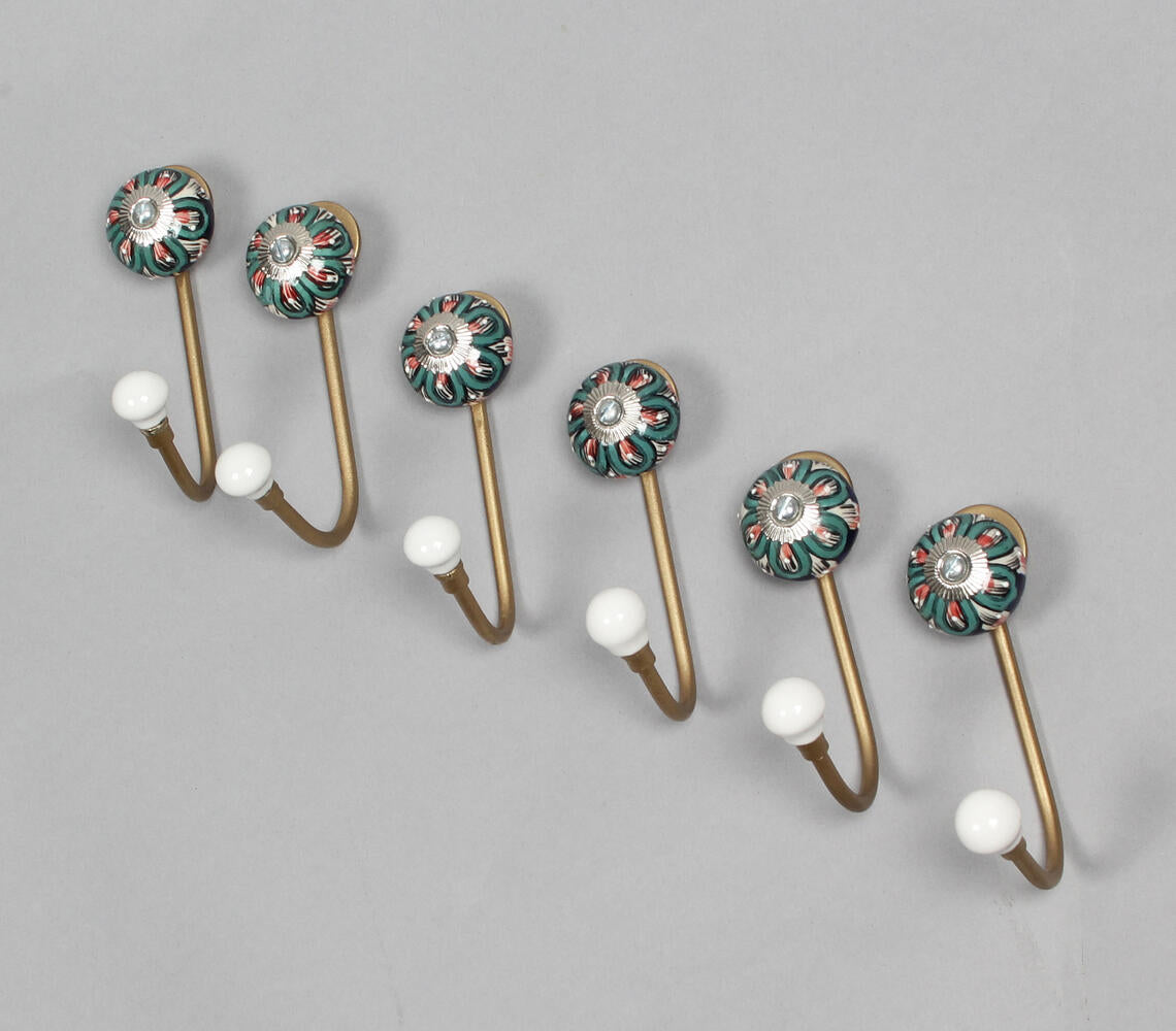 Ceramic Floral & Gold-Toned Iron Hooks (Set of 6)-1