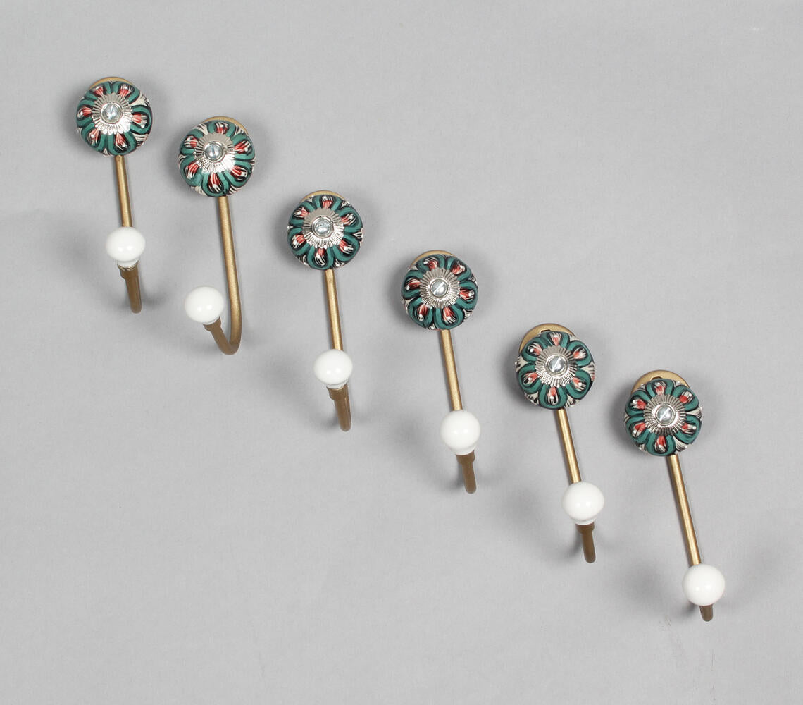Ceramic Floral & Gold-Toned Iron Hooks (Set of 6)-2