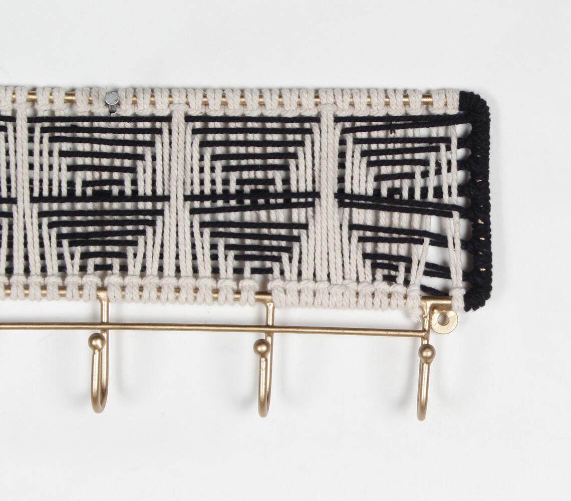 Monochrome Macrame & Gold-Toned Wall-Mount Hook-1