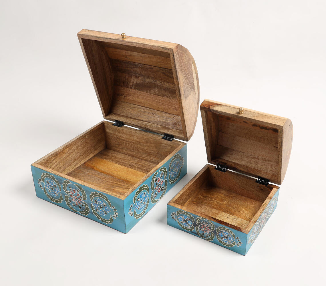 Hand Painted Mango Wood Tribal Floral Storage Boxes (Set of 2)-2
