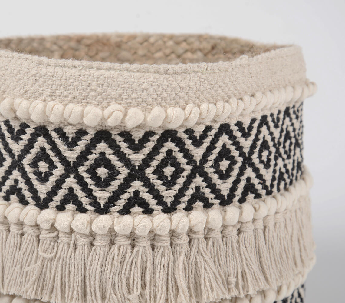 Monotone Diamond Handwoven Cotton & Braided Jute Basket-2