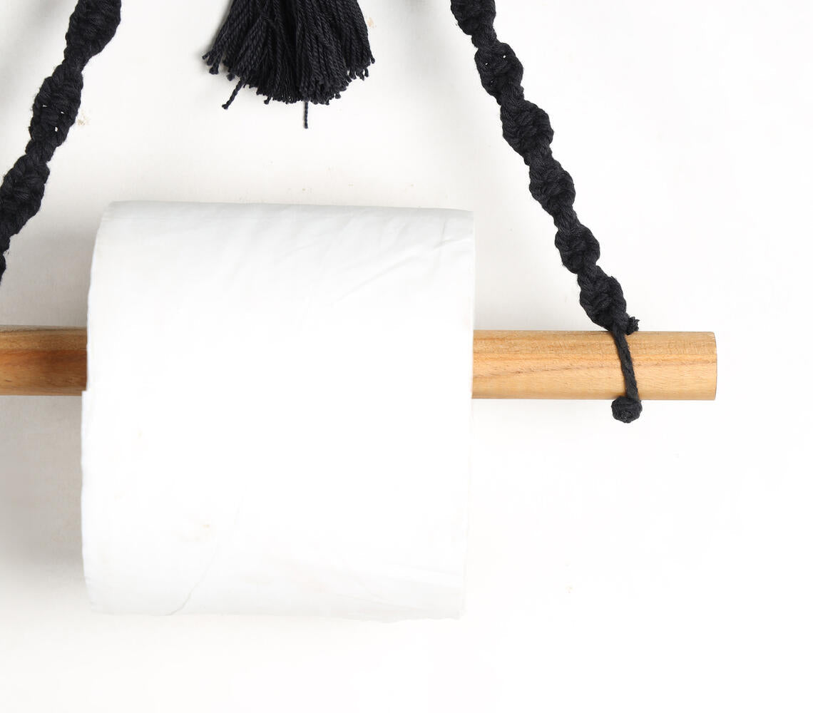 Cotton macrame & wood hanging roll holder-1