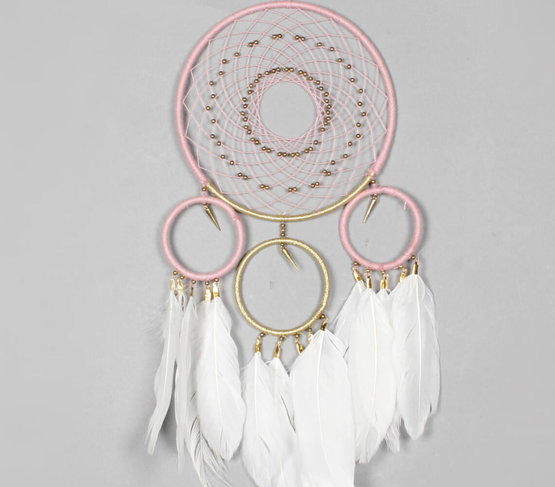 Classic Beaded & Faux Feathers Coral Dreamcatcher-1