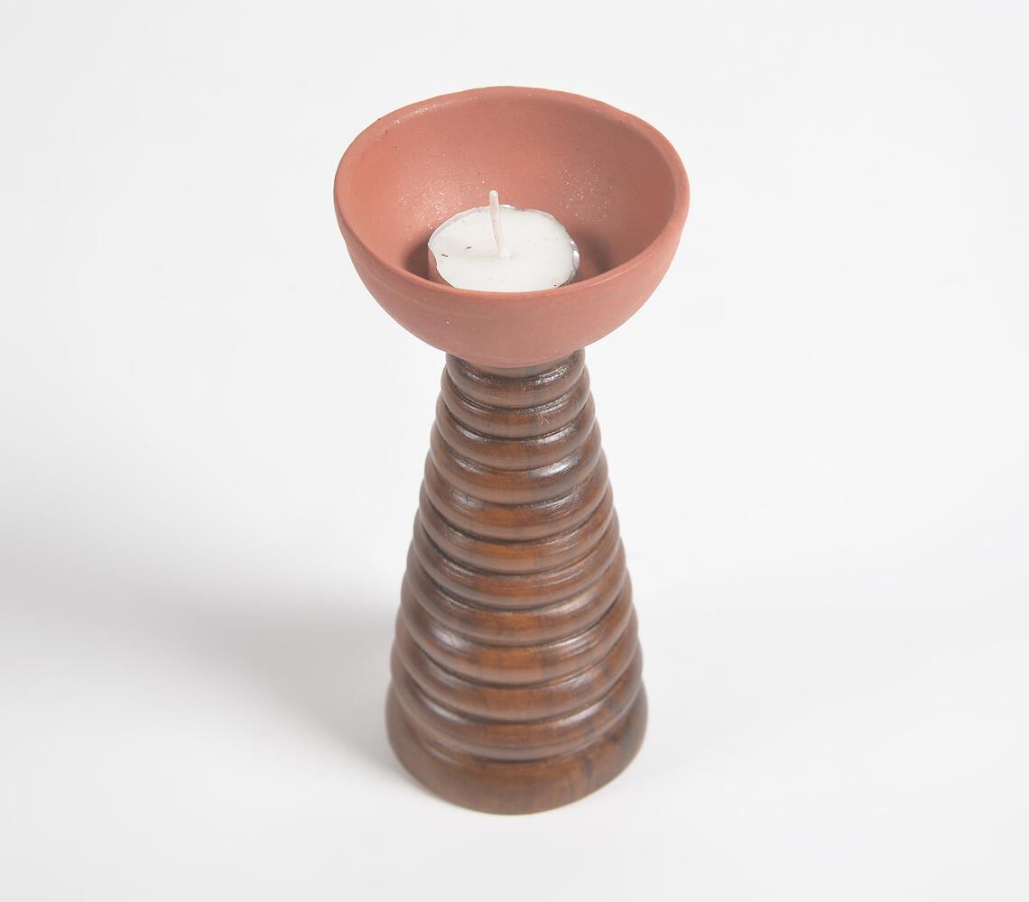 Ribbed Teak Wood & Terracotta Tealight-0