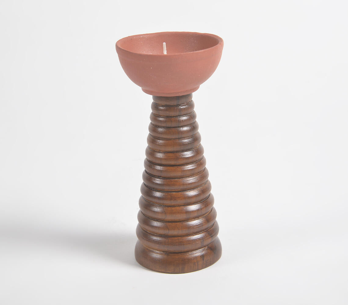 Ribbed Teak Wood & Terracotta Tealight-1
