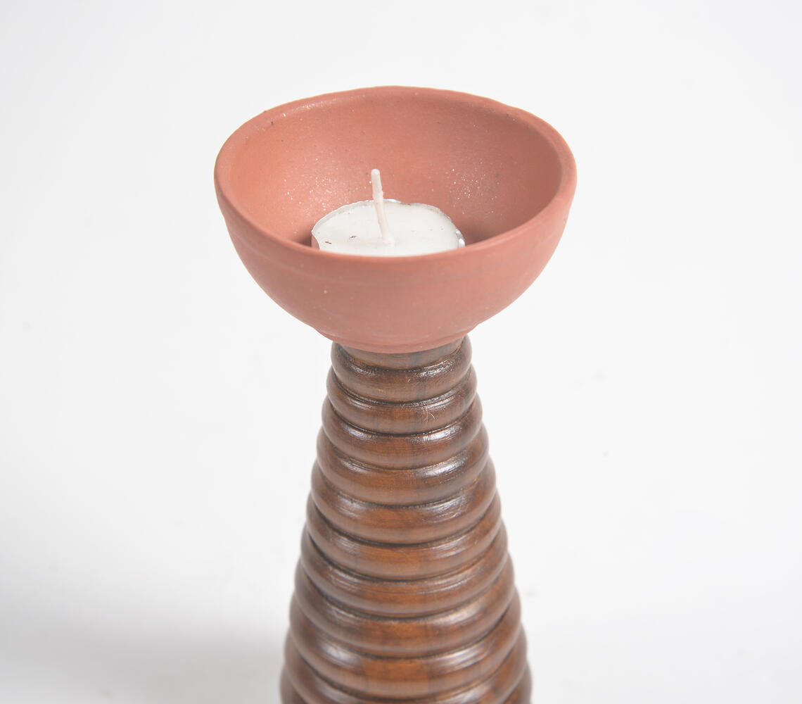 Ribbed Teak Wood & Terracotta Tealight-2