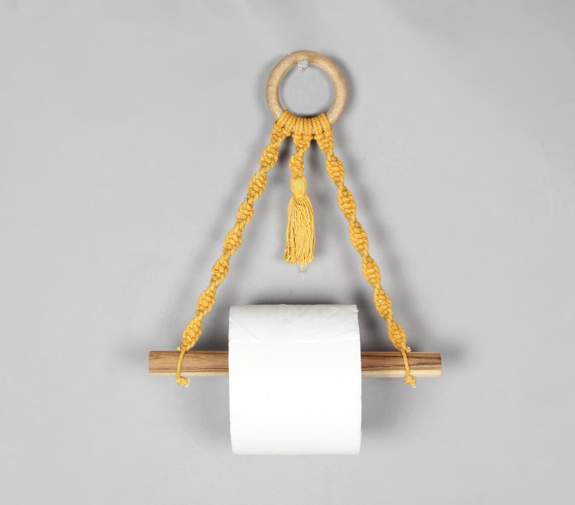 Macrame & Wood Mustard Hanging Roll Holder-0