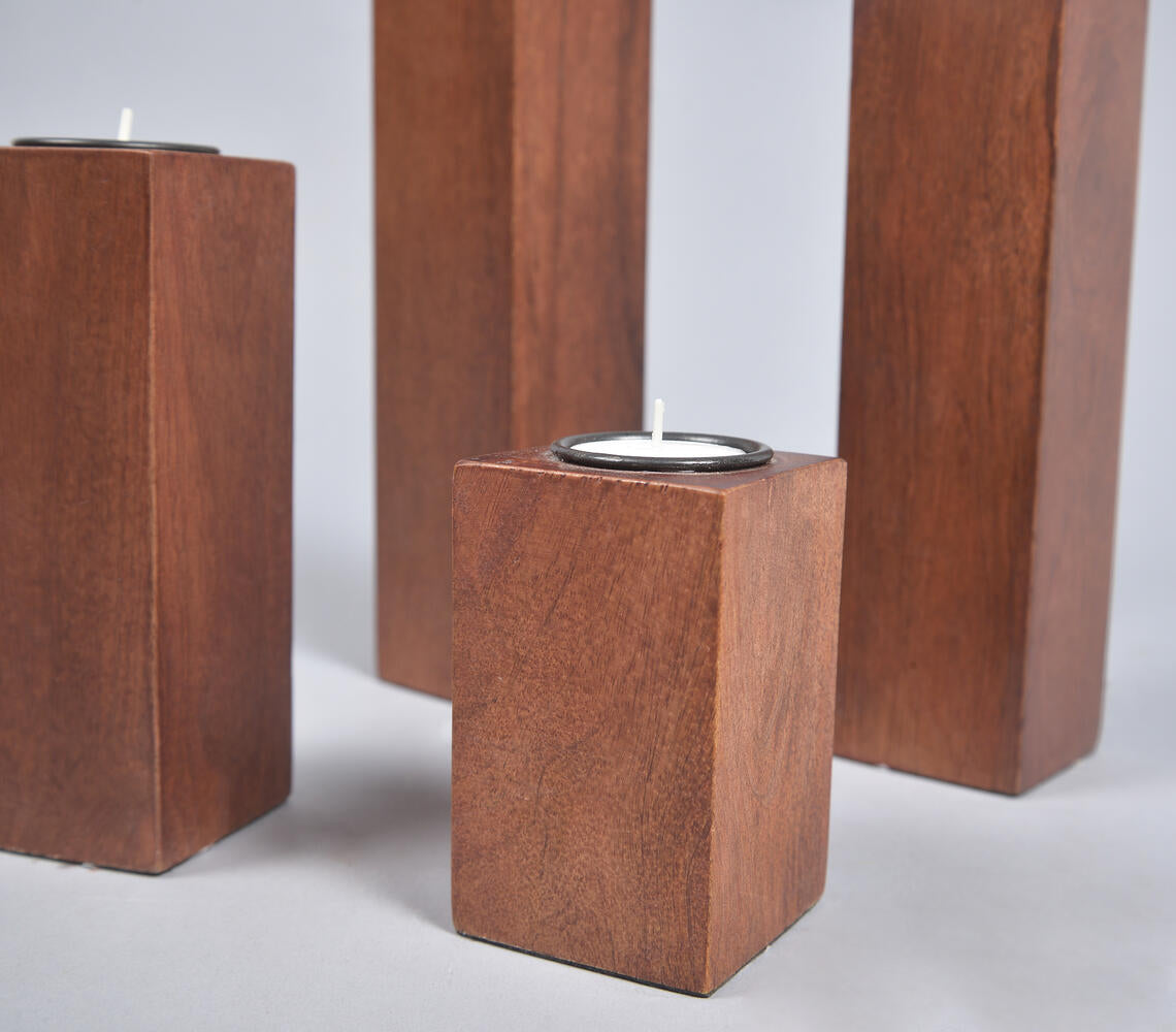 Hand Cut Mango Wood Candle Holders & Tray Set-3