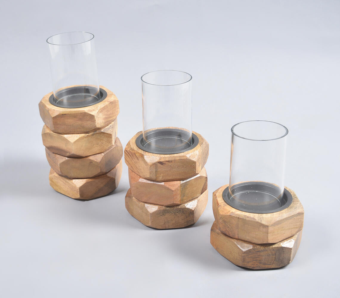 Hand Carved Stacked Mango Wood & Glass Candle Holders (Set of 3)-1