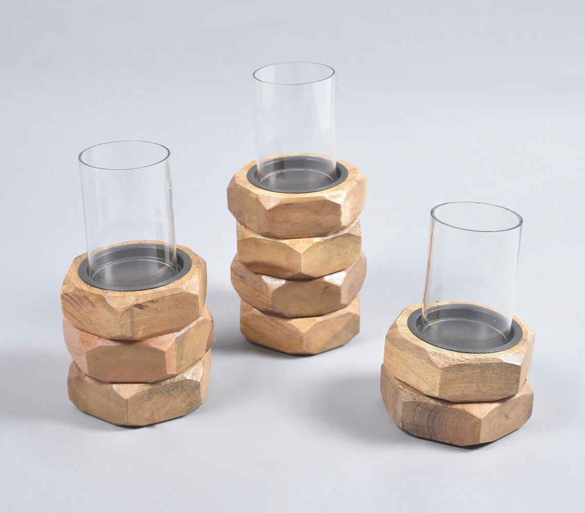 Hand Carved Stacked Mango Wood & Glass Candle Holders (Set of 3)-2