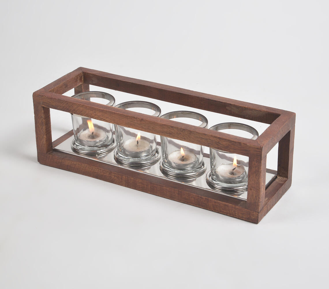 Classic Five Glass Tea Light Holders with Wooden Frame-0