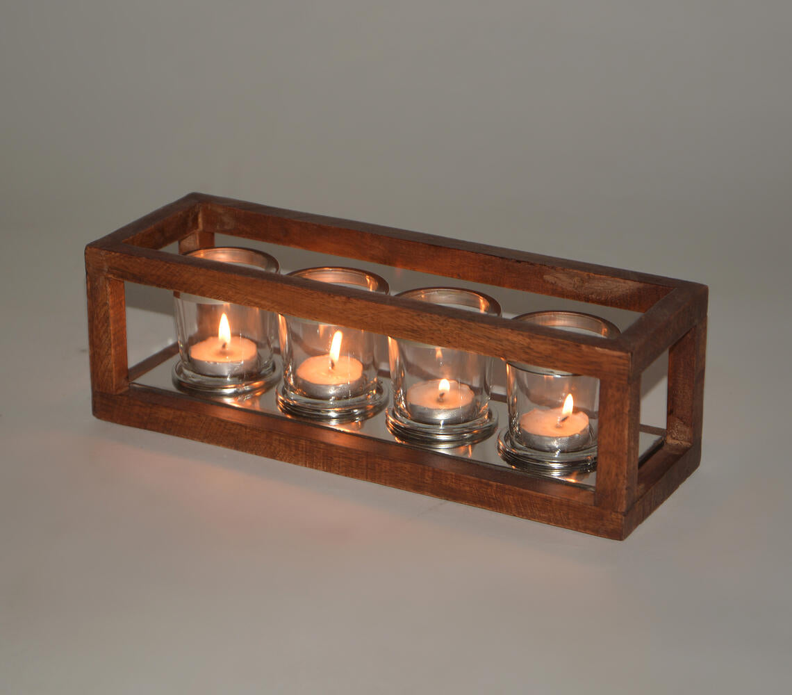 Classic Five Glass Tea Light Holders with Wooden Frame-4