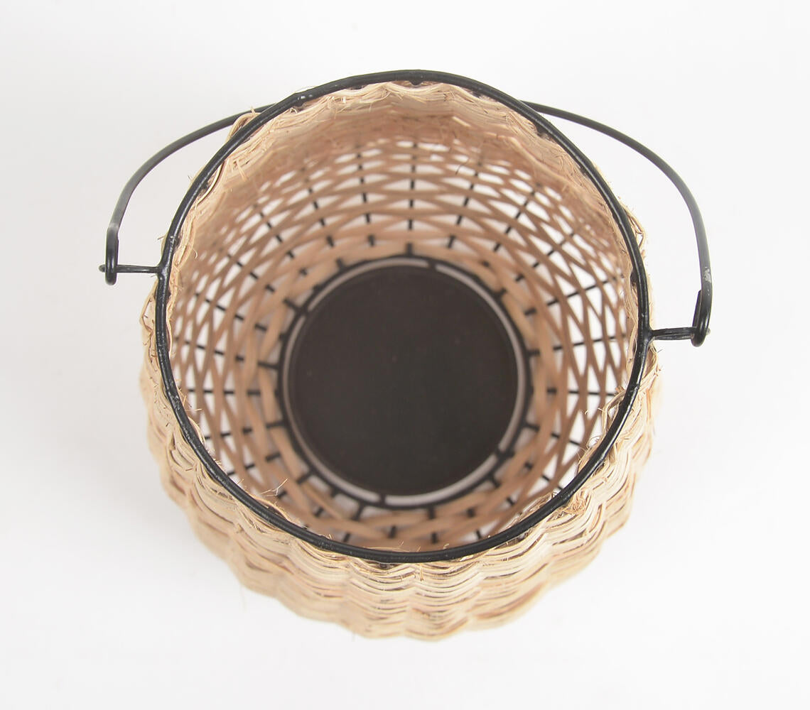 Handwoven Cane & Iron Tea Light Lantern-3