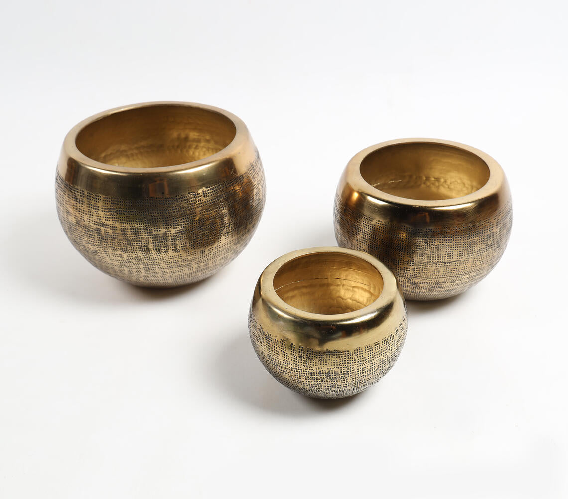 Hand Beaten Golden-Toned Antique Aluminium Planters (set of 3)-2