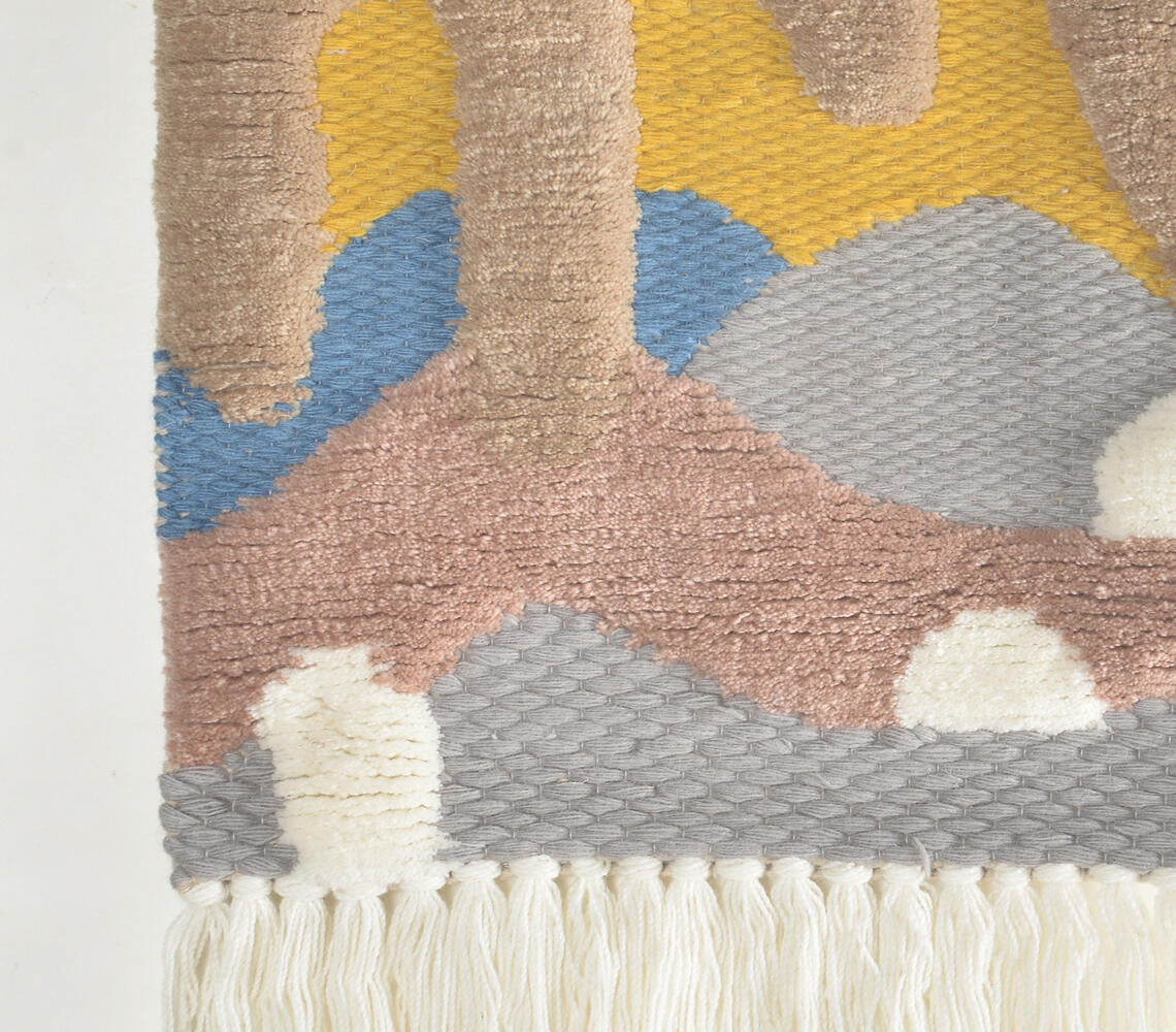 Handwoven & Tufted Abstract Wall Hanging with Ombre Fringes-1