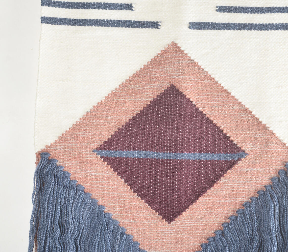 Handwoven Diamond Wall Hanging with Cadet & Rose Fringes-1