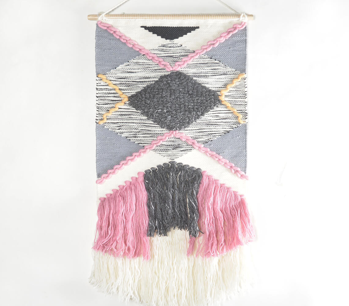 Handwoven & Tufted Geometric Fringed Wall Hanging-0