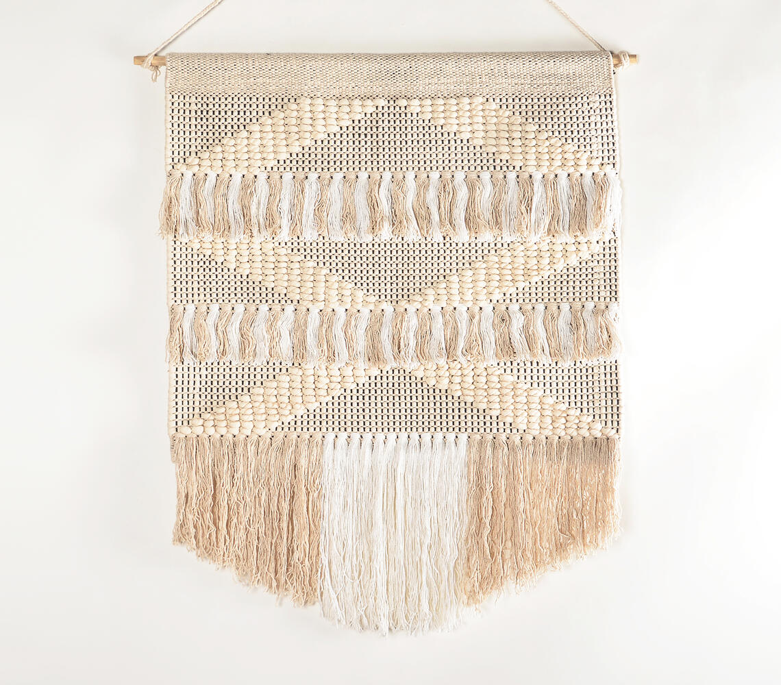 Handwoven Cotton White & Beige Fringed Wall Hanging-0
