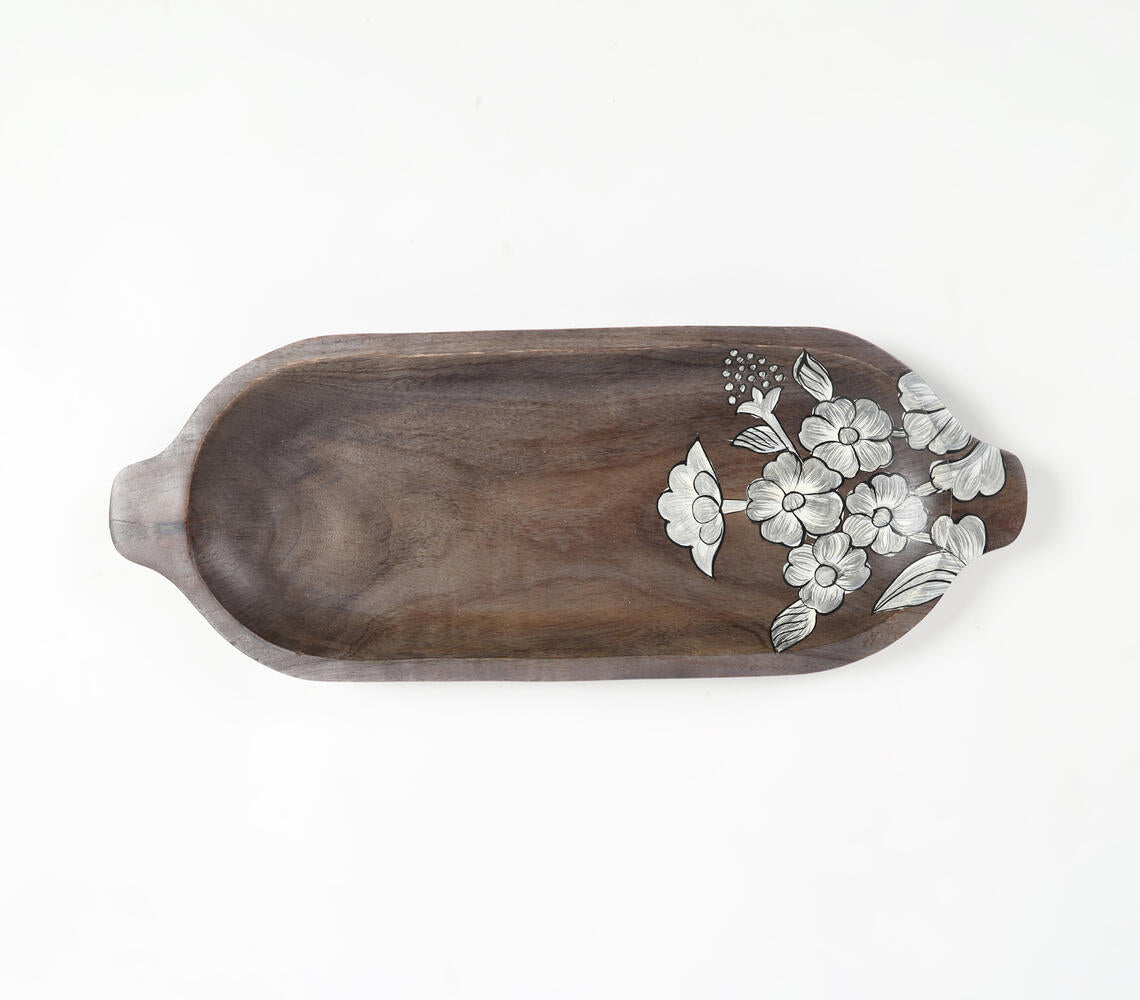 Hand Painted Mango Wood Floral-Sketch Elongated Platter-2