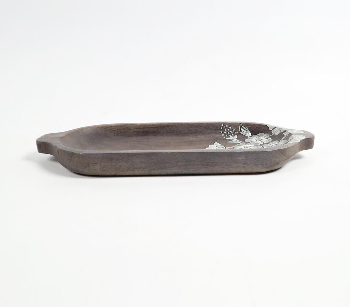 Hand Painted Mango Wood Floral-Sketch Elongated Platter-3