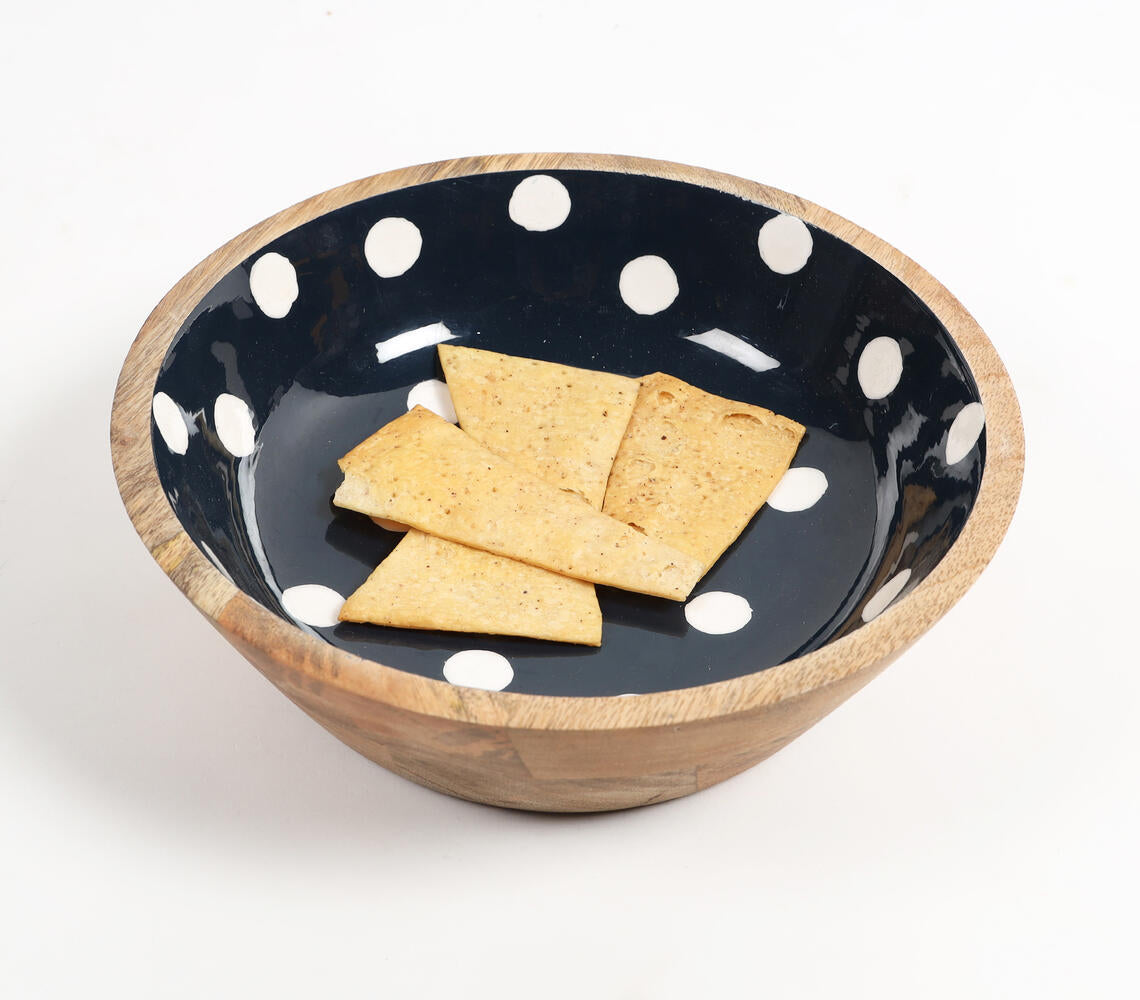 Enamelled Polka Dotted Black Wooden Bowl-0