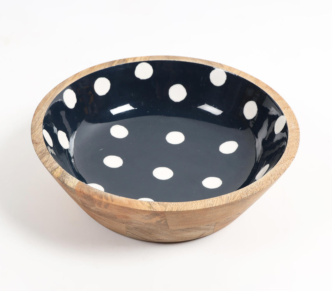 Enamelled Polka Dotted Black Wooden Bowl-1