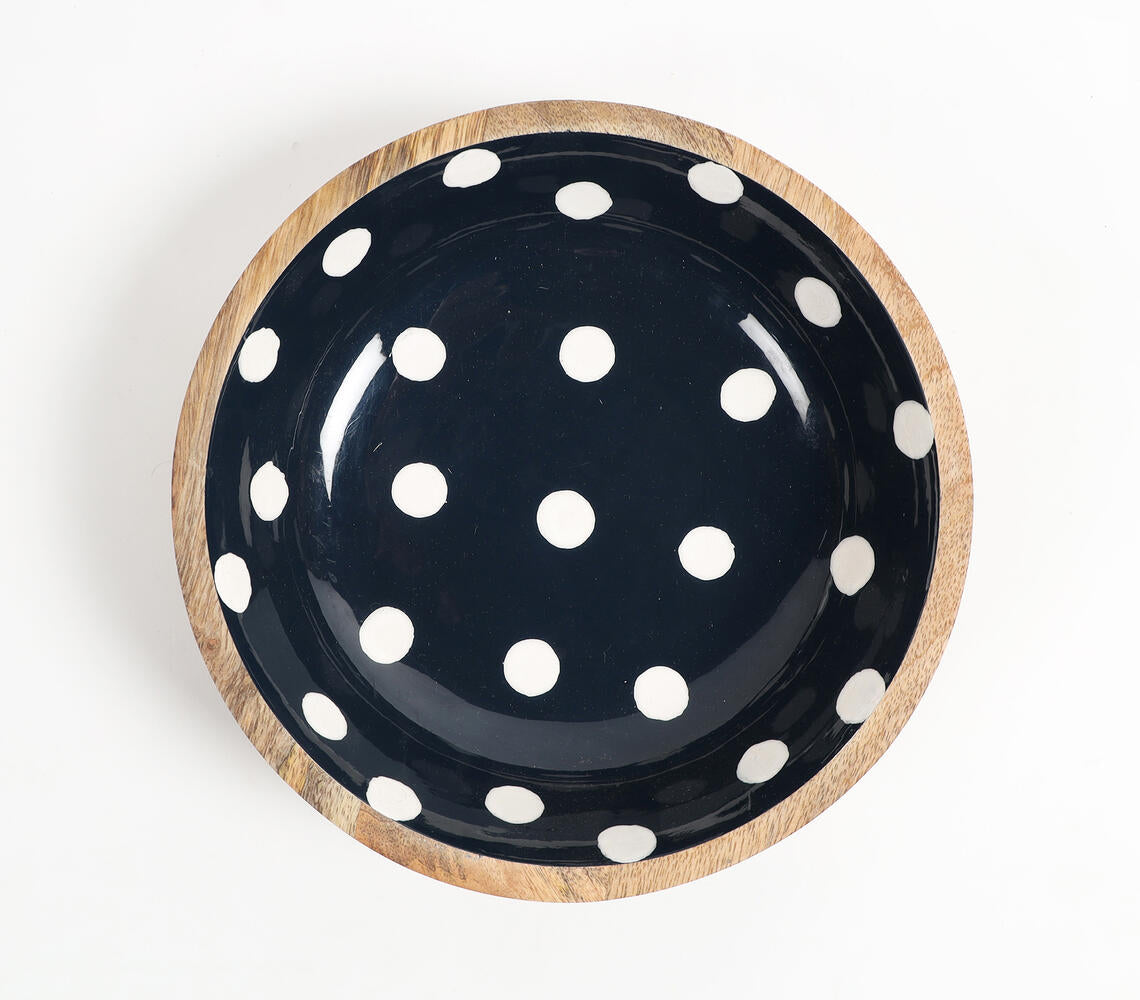 Enamelled Polka Dotted Black Wooden Bowl-3
