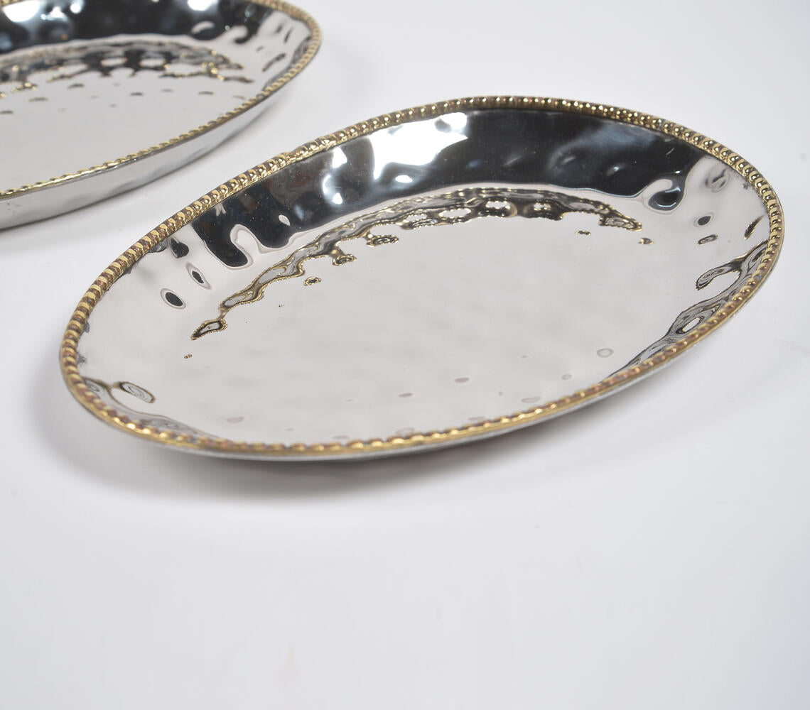 Hand Beaten Silver-Toned Iron Egg-Shaped Trays (set of 2)-1