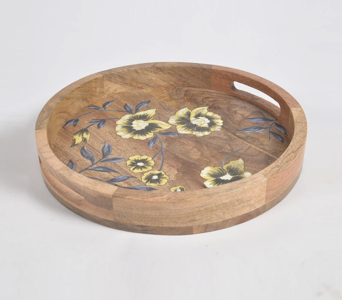 Floral Hand Printed Round Mango Wood Tray-0