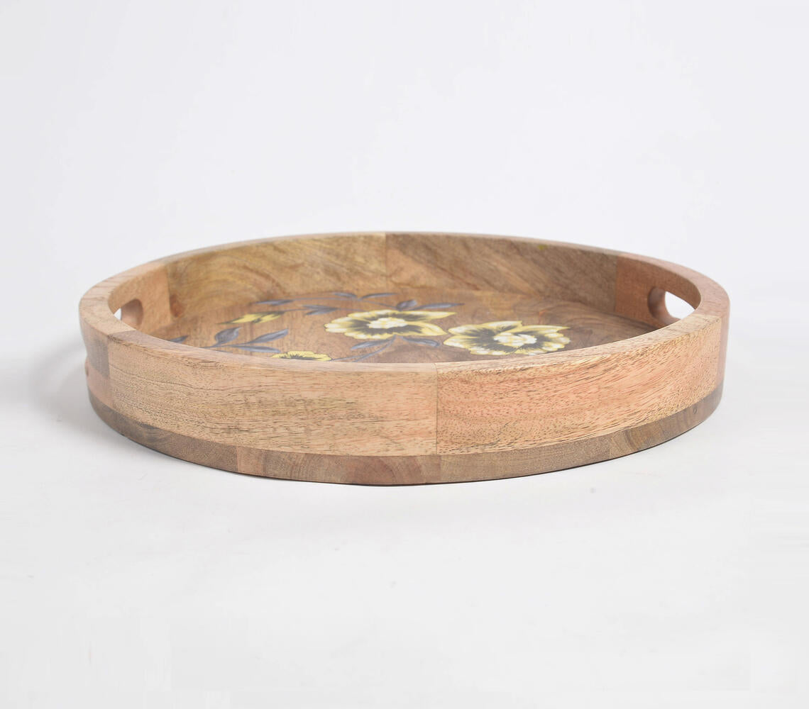 Floral Hand Printed Round Mango Wood Tray-2
