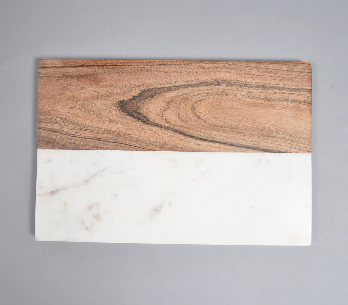 Hand Cut Acacia Wood & White Marble Colorblock Chopping Board-3