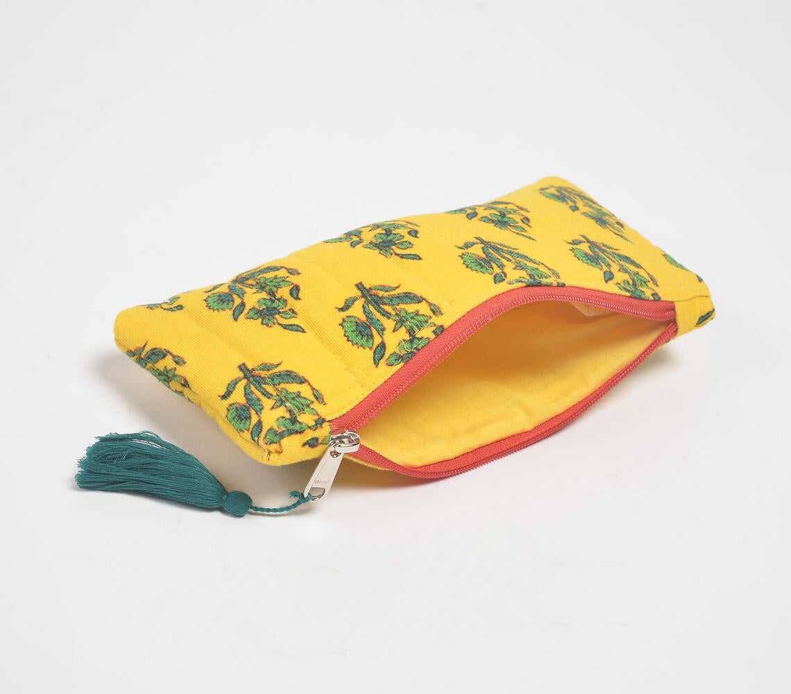 Quilted & Printed Yellow Tree Tasseled Travel Pouch-2
