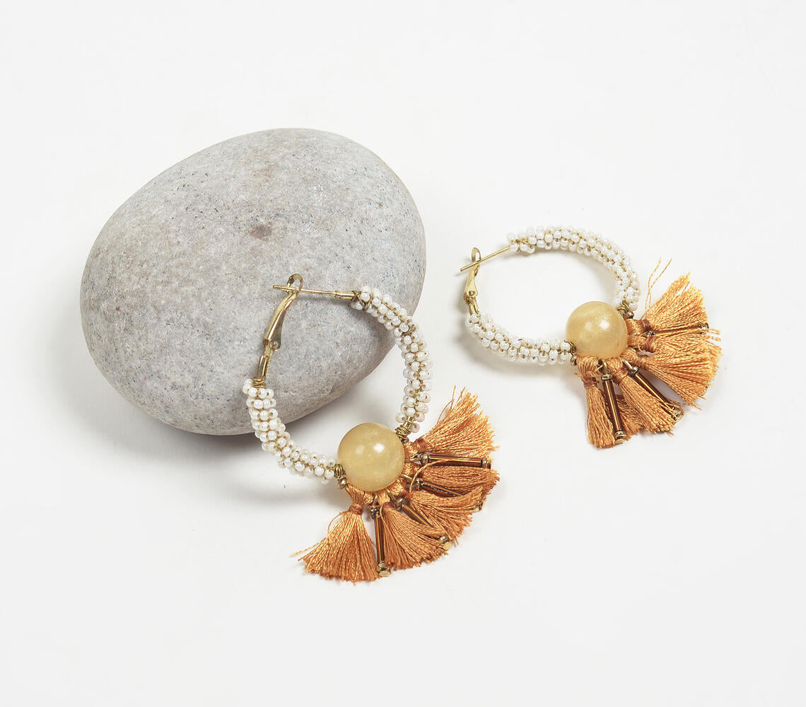 Honey Tasseled & Beaded Hoop Earrings-0