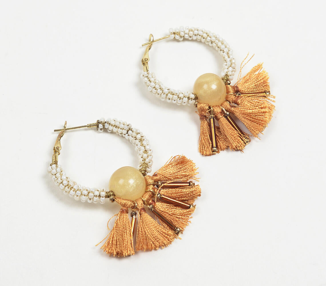 Honey Tasseled & Beaded Hoop Earrings-1
