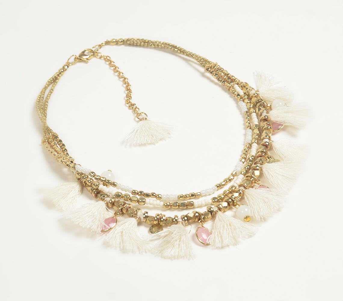 Brass Beaded & Tasseled necklace with Rose Charms-0