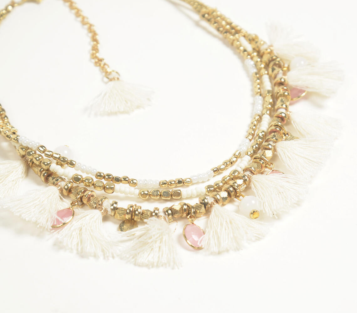 Brass Beaded & Tasseled necklace with Rose Charms-1