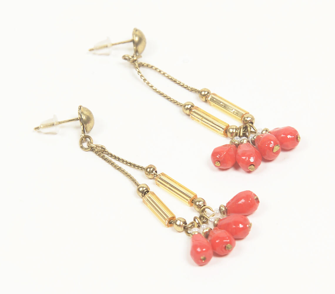 Gold-Toned Iron & Coral Glass Beads Drop Earrings-1