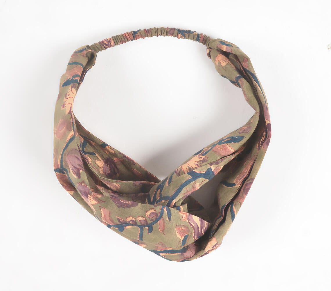 Olive Floral Block printed Knot Hairband-2