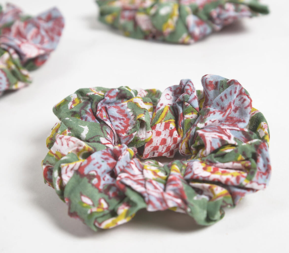 Floral Sage & Pink Block Printed Scrunchie hair ties (set of 3)-0