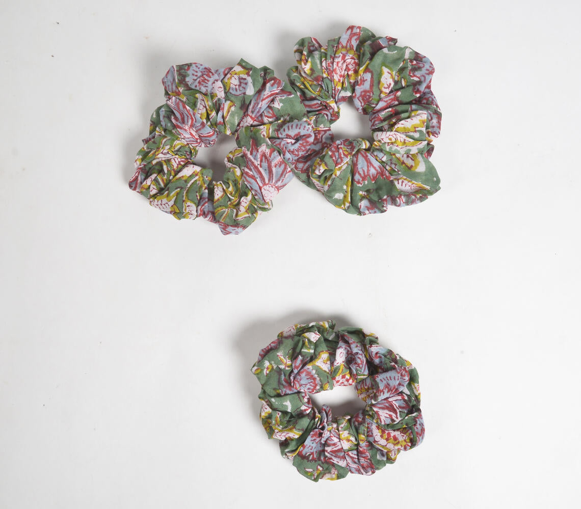 Floral Sage & Pink Block Printed Scrunchie hair ties (set of 3)-1
