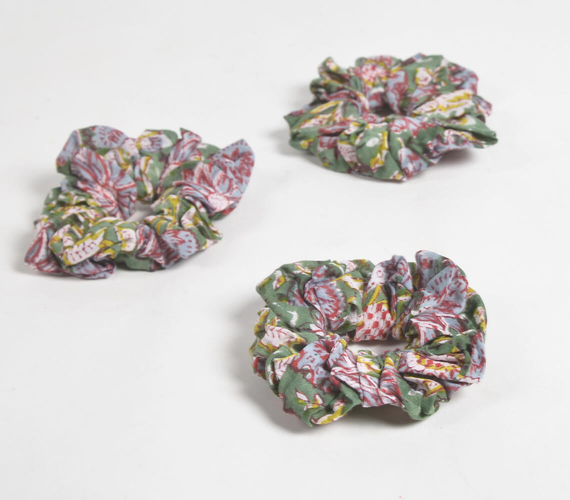 Floral Sage & Pink Block Printed Scrunchie hair ties (set of 3)-2