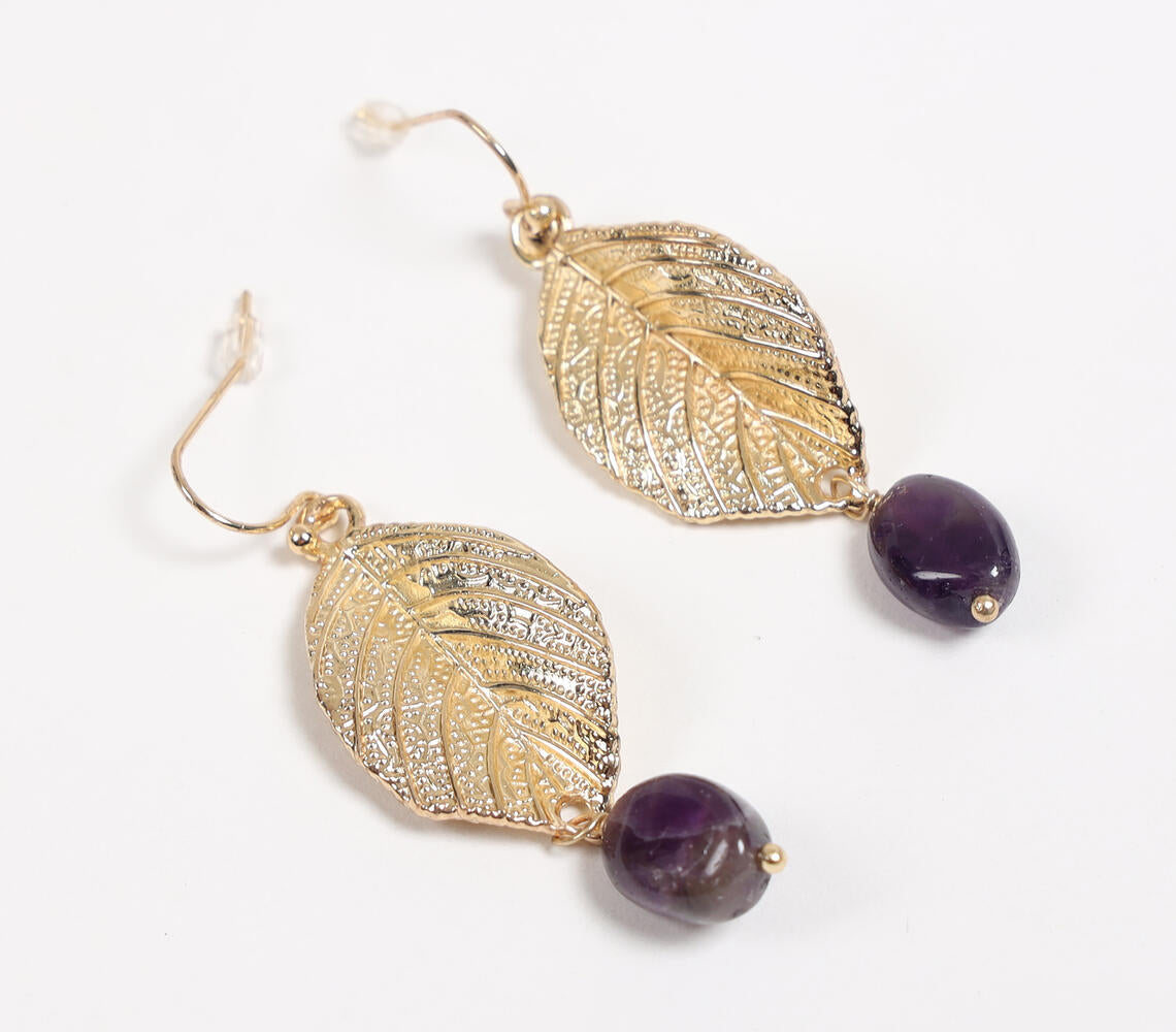 Gold-Toned Recycled Brass & Gemstone Botanical Dangle Earrings-1