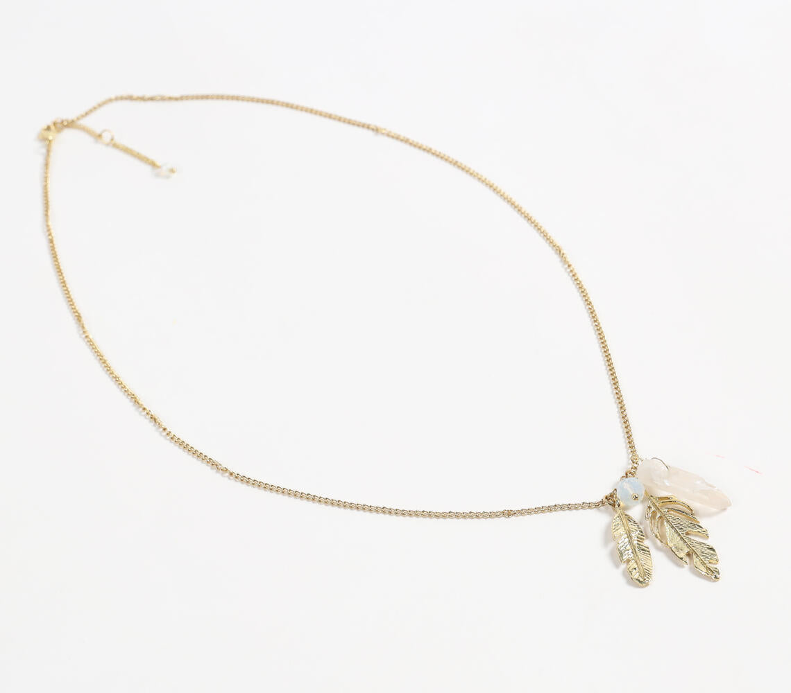 Glass Crystal & Metallic Feather Necklace-0
