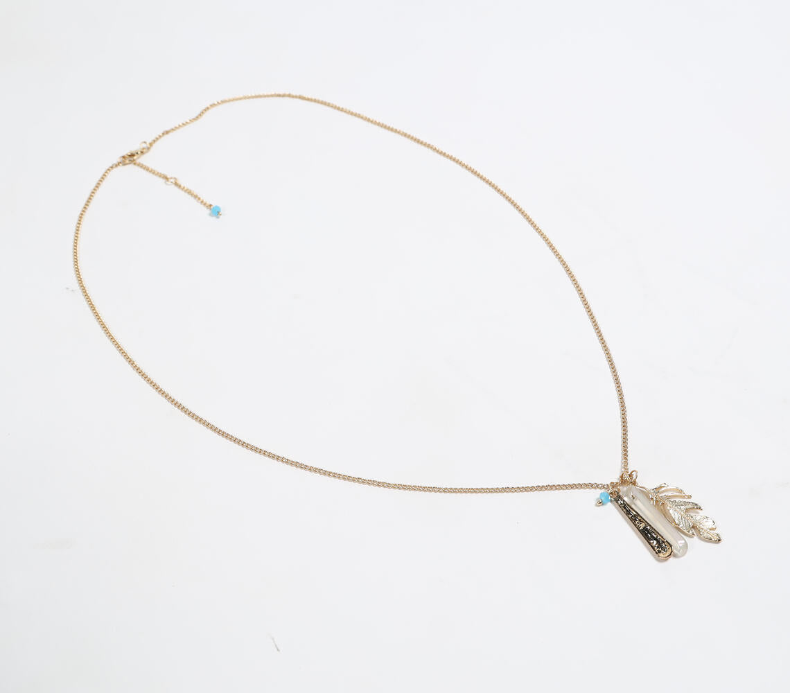Glass Crystal & Metallic Feather Charm Necklace-0