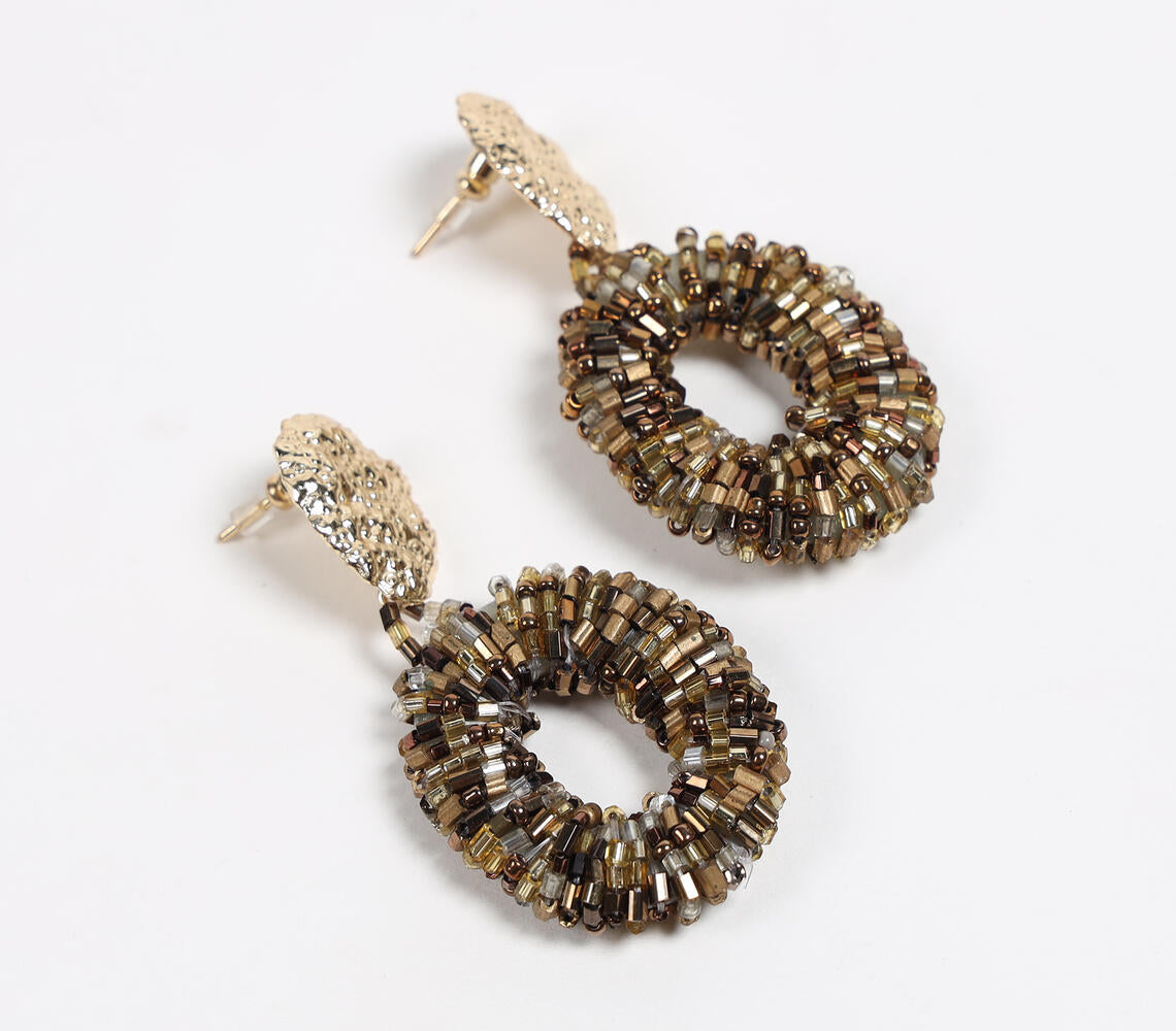 Silver-Toned Recycled Brass & Brown Czech Seed Beads Drop Earrings-1