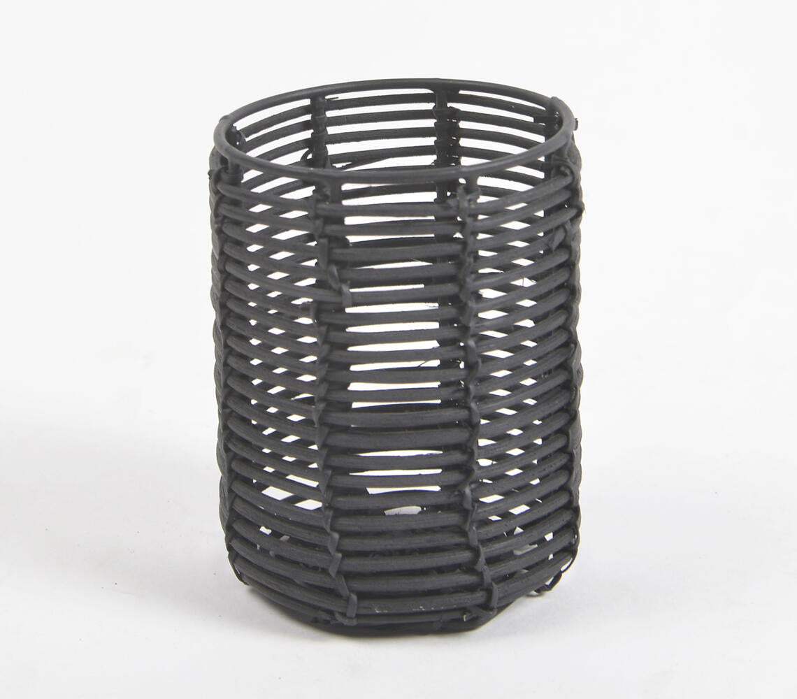 Handwoven Cane & Iron Black Cylindrical Pen Stand-2