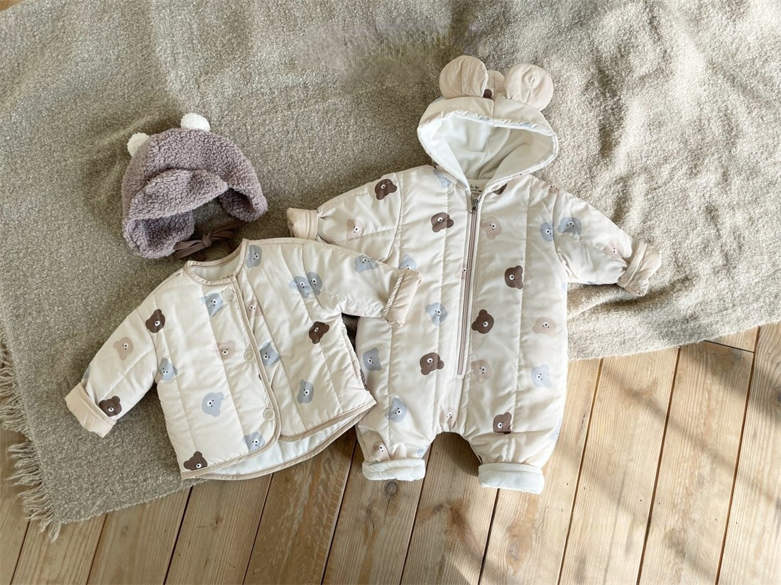 Baby Bear Print Pattern Quilted Warm Coat & Jumpsuit-0