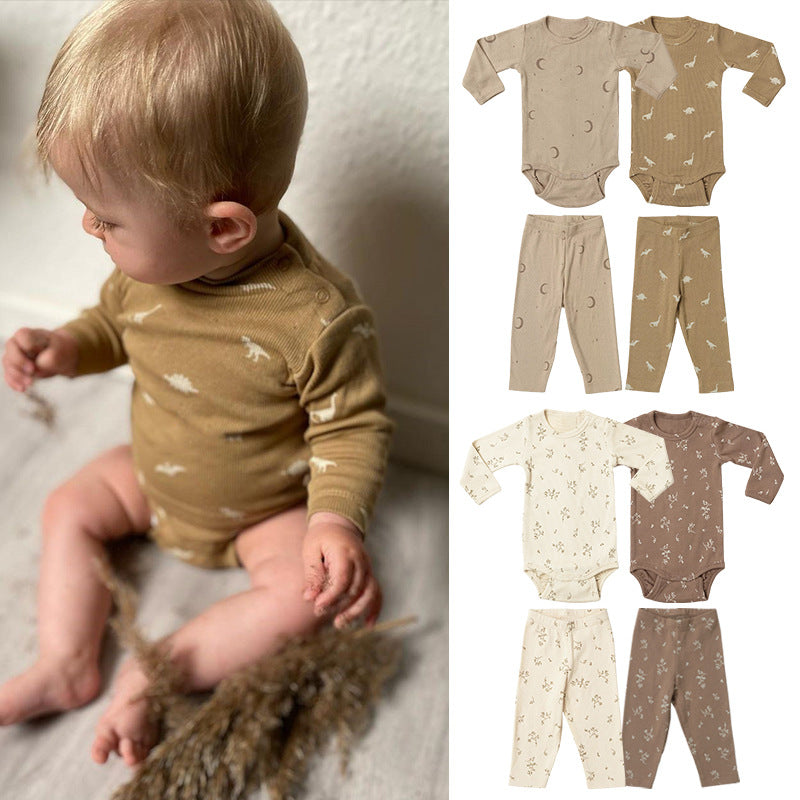 Baby Cartoon & Floral Pattern Long Sleeve Onesies With Pants Sets-0